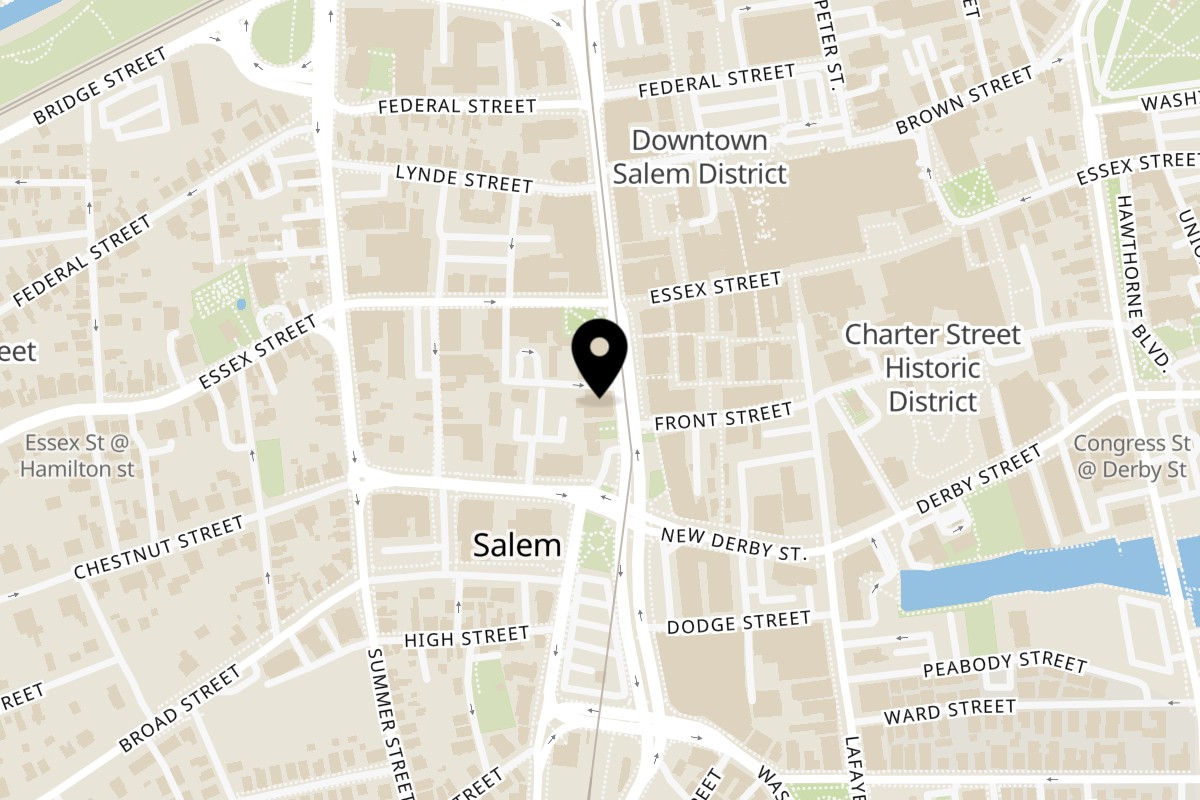 Map showing the location of New England Soup Factory on 140 Washington St in Salem